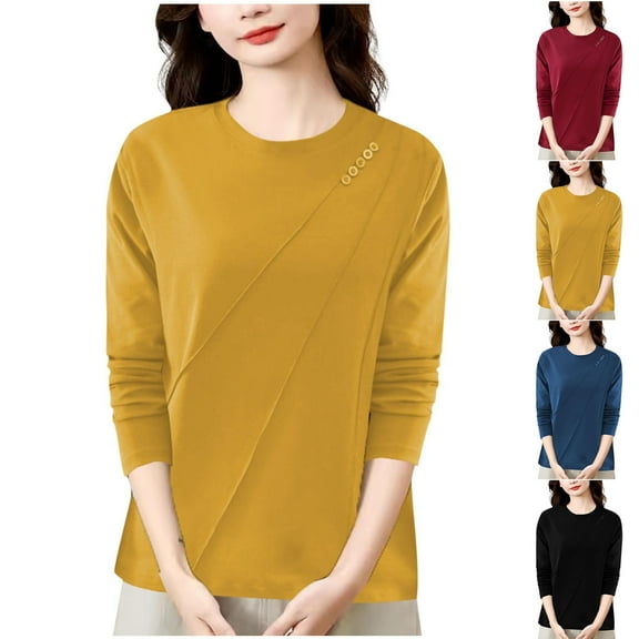 FRSASU Long Sleeve Shirts for Women Fall/Winter Fashion Solid Color Casual T Shirt Round Neck Basic Loose Tops Yellow XL(XL)