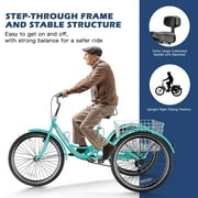 MOPHOTO 3 Wheel Bicycle for Adults 24 inch, Adult Tricycle 7 Speed with Basket/Bell, Cyan Cruiser Tricycle