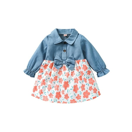 

Sunisery Toddler Baby Girl Princess Dress Long Sleeve Button Front Denim Patchwork Floral A-line Casual Dress Blue 0-12 Months