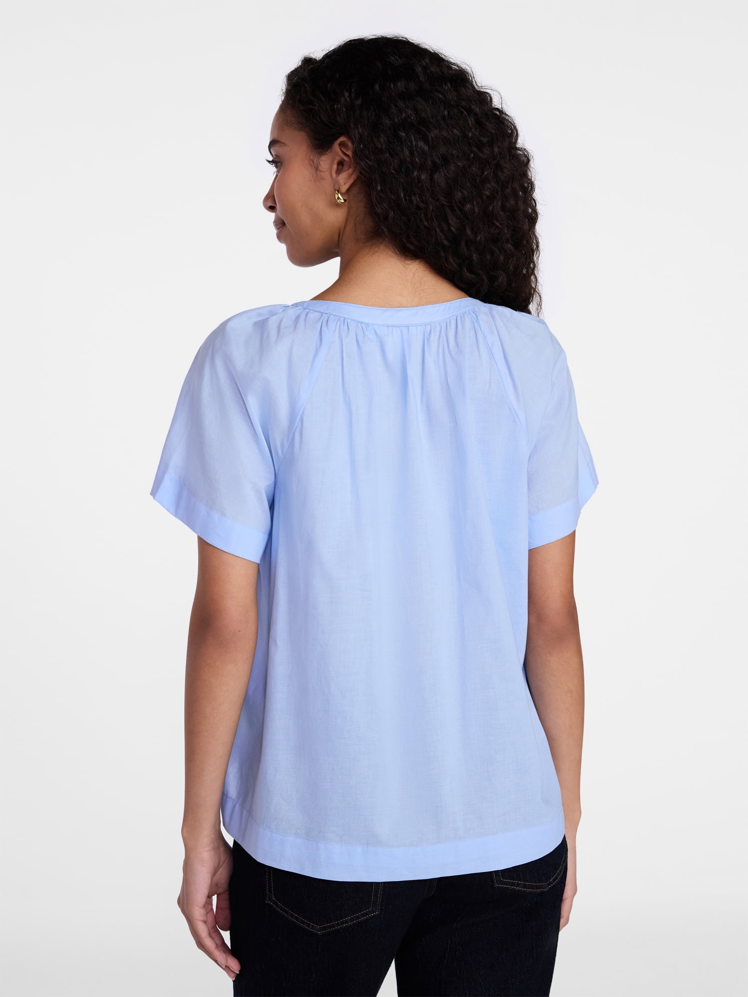 Time and Tru Women's Cotton Button Up Blouse with Short Sleeves, Sizes XS-XXXL