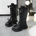 thumbnail image 3 of Owordtank Girls White Lace Up Riding Boots Mid Calf Combat Boots Waterproof PU Leather Side Zipper Goth Boots for Kids, 3 of 6