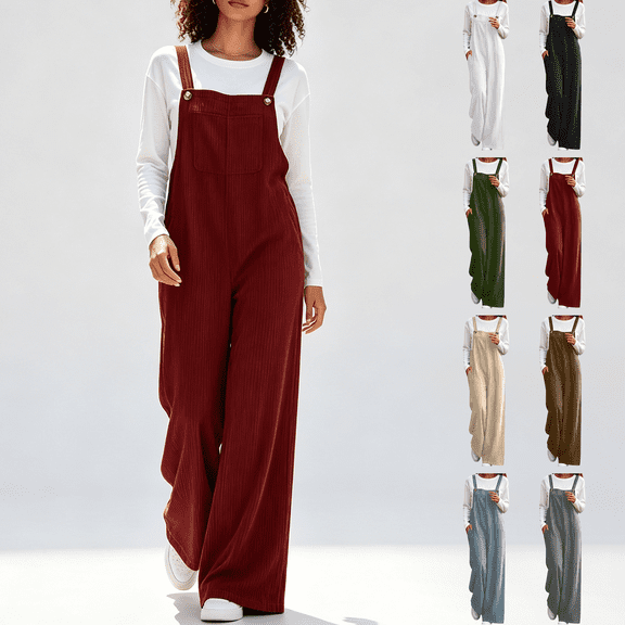 Womens Corduroy Wide Leg Overalls, Loose Soft Jumpsuit with Pockets, Vintage Fashion Pants for Daily Business Casual Travel Wear | VerBelle,Army Green L