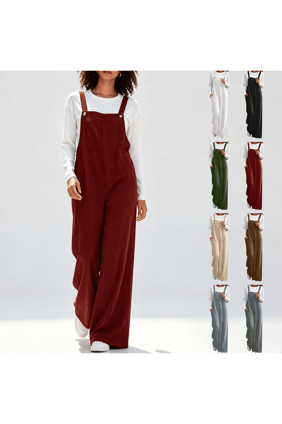 Womens Corduroy Wide Leg Overalls, Loose Soft Jumpsuit with Pockets, Vintage Fashion Pants for Daily Business Casual Travel Wear | VerBelle,Black L