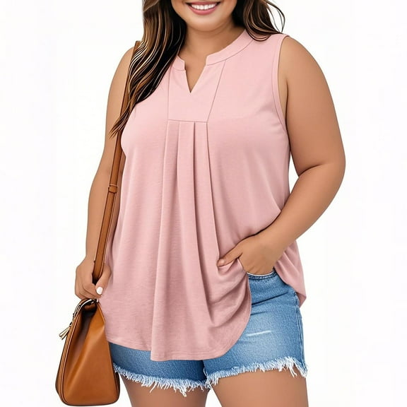 qolati Plus Size Tank Tops for Women Summer Sleeveless V Neck T Shirts Business Casual Outfits Curved Hem Flowy Tunic Oversized Clothes
