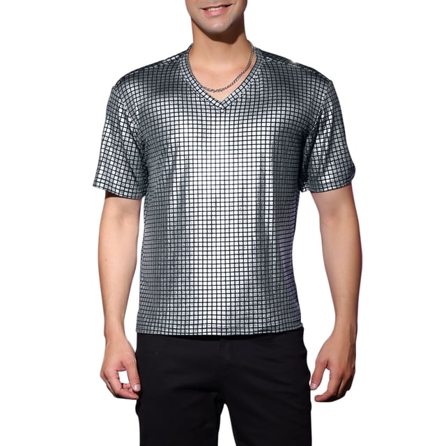 Camiseta de fiesta disco de manga corta metálica brillante para hombres INSPIRE CHIC S de cuadros plateados