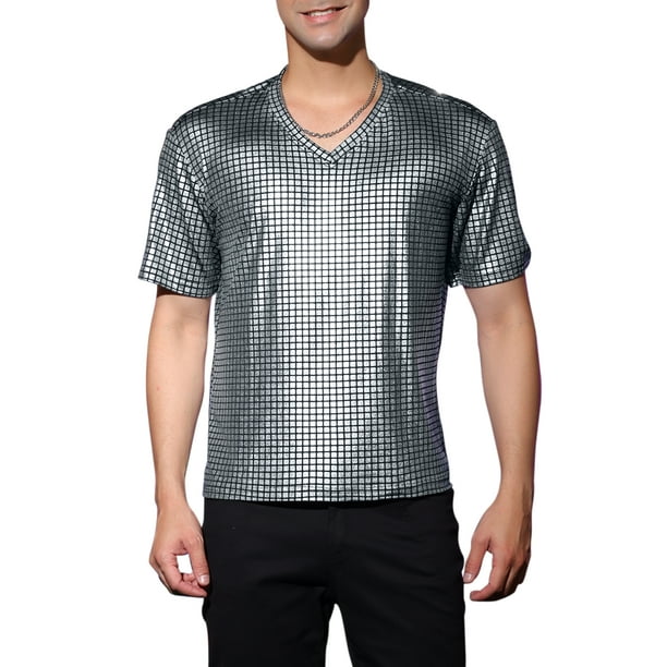 Camiseta de fiesta disco de manga corta metálica brillante para hombres INSPIRE CHIC S de cuadros plateados