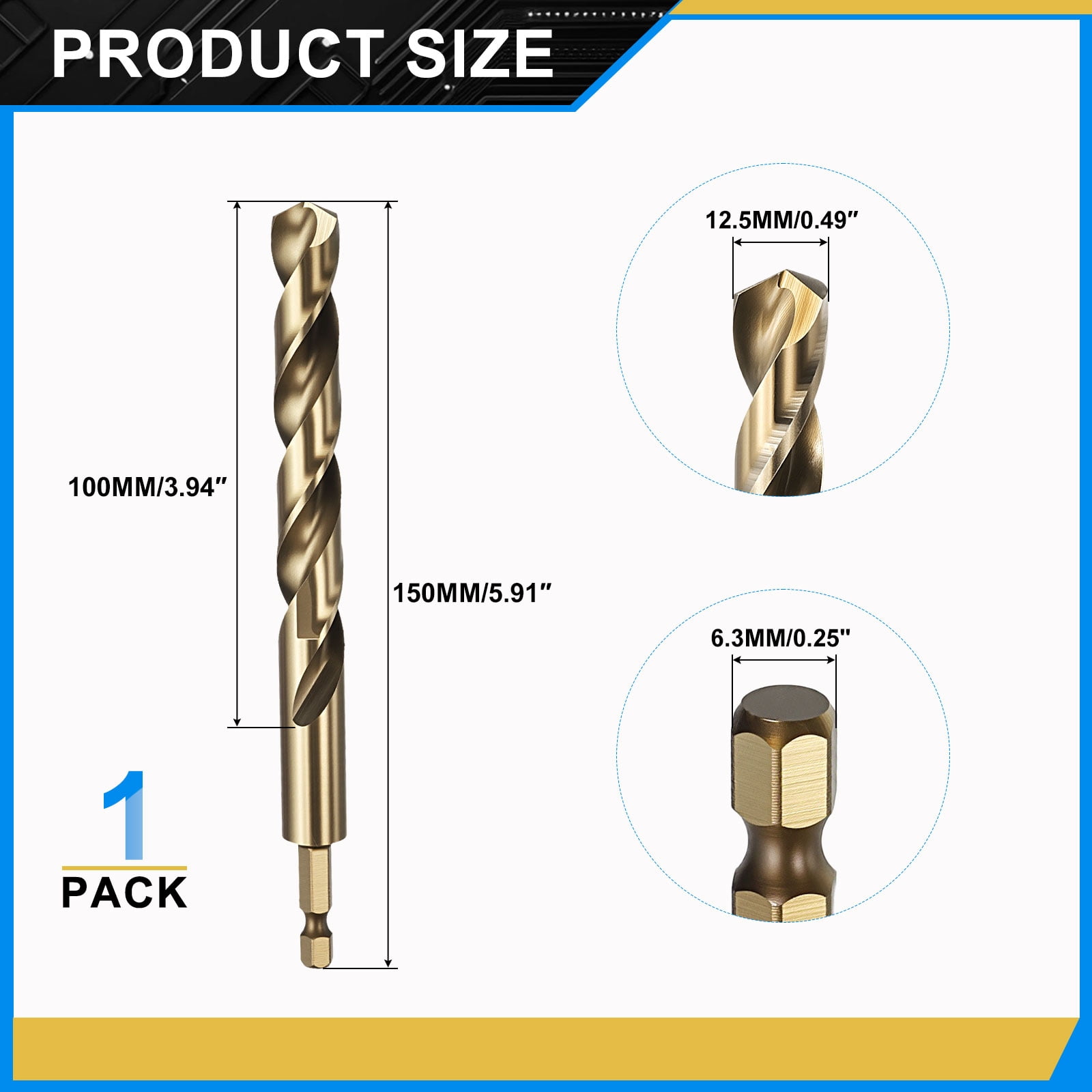 Uxcell 12.5mm Hex Shank Drill Bit, M2 High-Speed Steel Bits Quick Change Design for Impact Driver 135° Gold Finish for Stainless Steel Hard Metal - 2 Pack