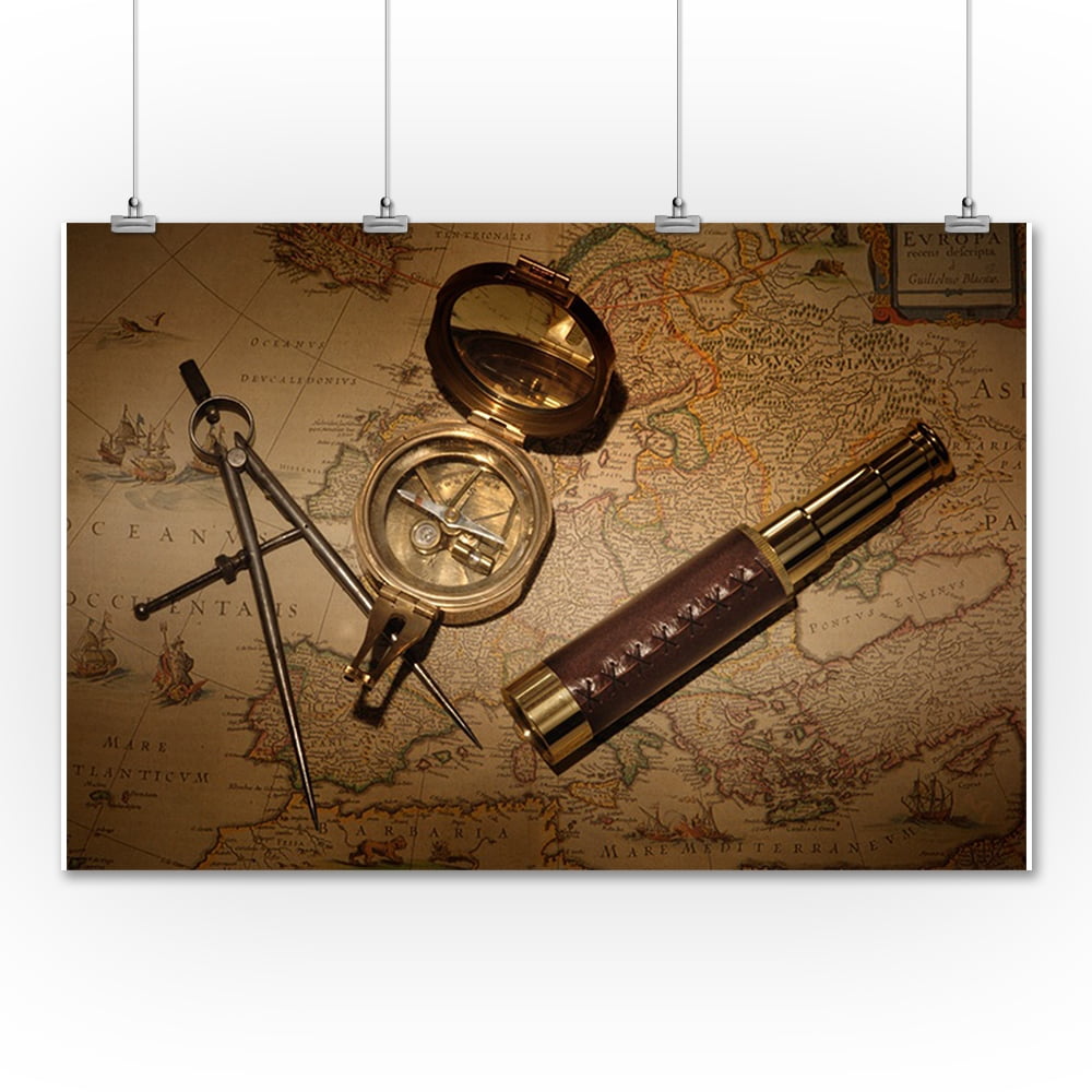 Nautical Navigation Tools on Map Photography A91195 (36x54 Giclee