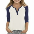 thumbnail image 1 of Cowsor Girl's Casual 3/4 Sleeve T Shirts Button V Neck Tunic Blouses Color Block Basic Tee Tops Loose Fit Summer Shirt, 1 of 6