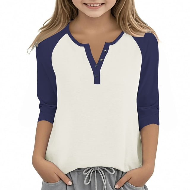 Cowsor Girl's Casual 3/4 Sleeve T Shirts Button V Neck Tunic Blouses Color Block Basic Tee Tops Loose Fit Summer Shirt