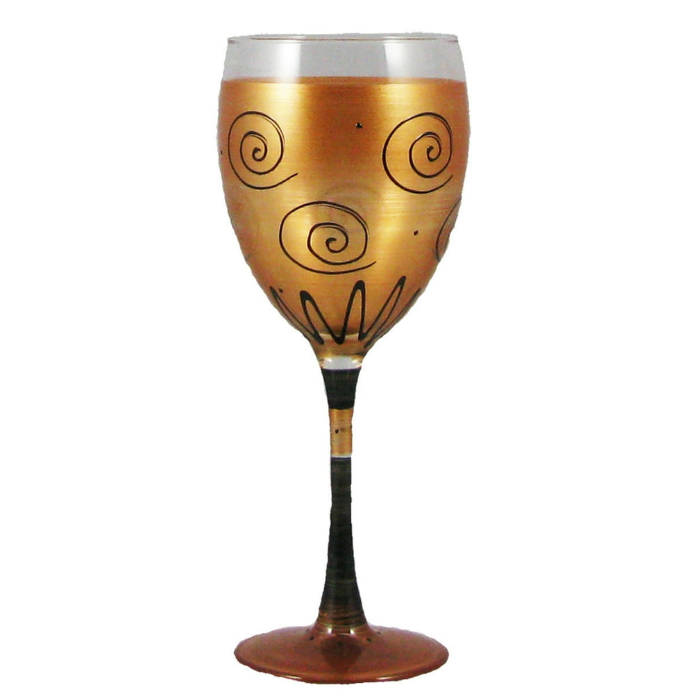 Set of 2 Gold & Black Swirls & Dots Hand Painted Wine Drinking Glasses