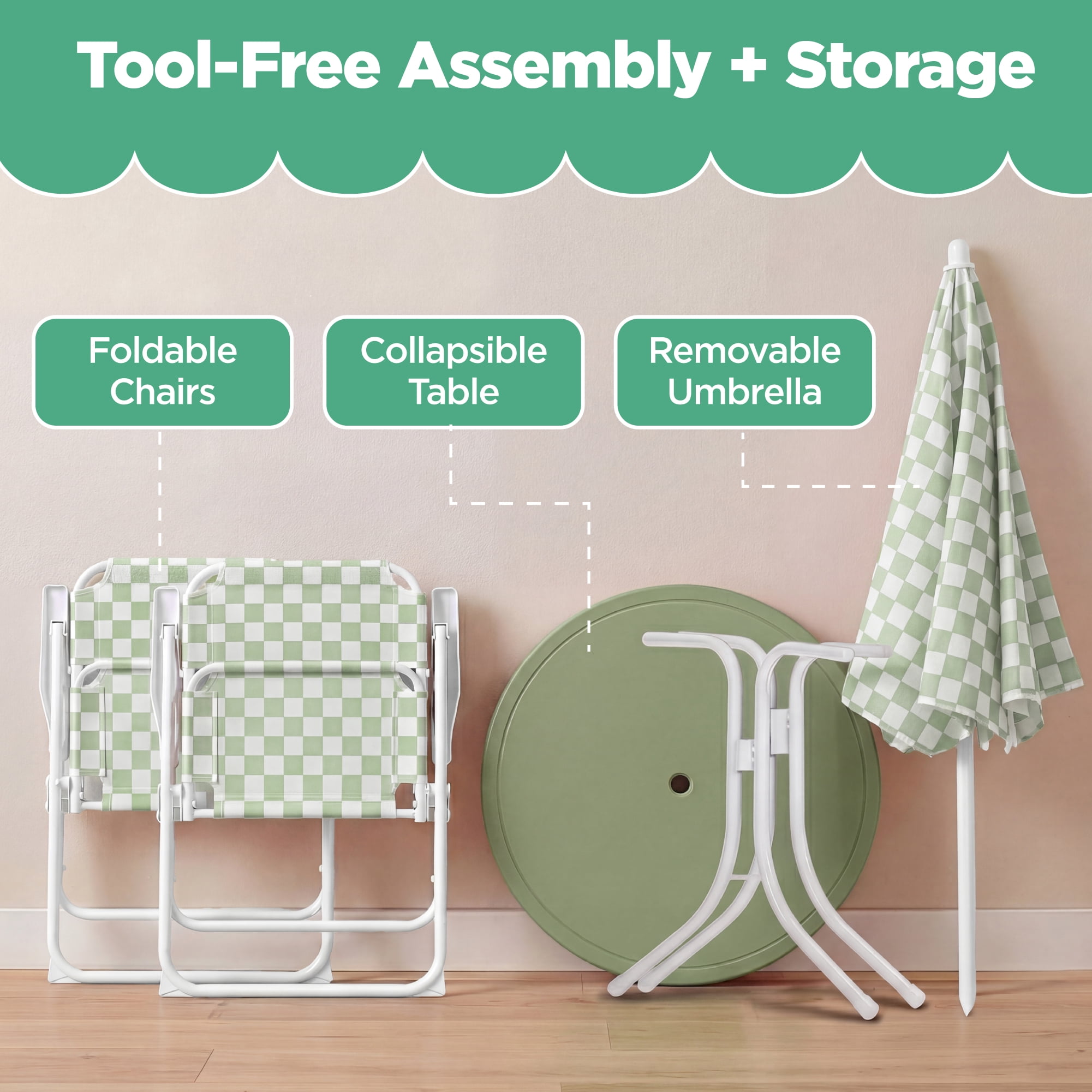 Best Choice Products Kids Outdoor Table and Chair Set with Umbrella, 3-Piece Foldable Toddler Picnic Set Ages 2-5 - Sage