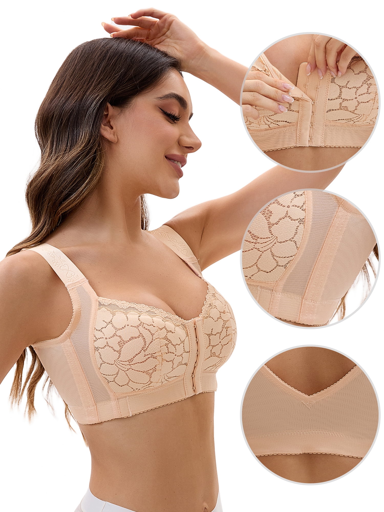 Unique Bargains Lace Front Closure Full Coverage Wirefree Bras E 44 Beige
