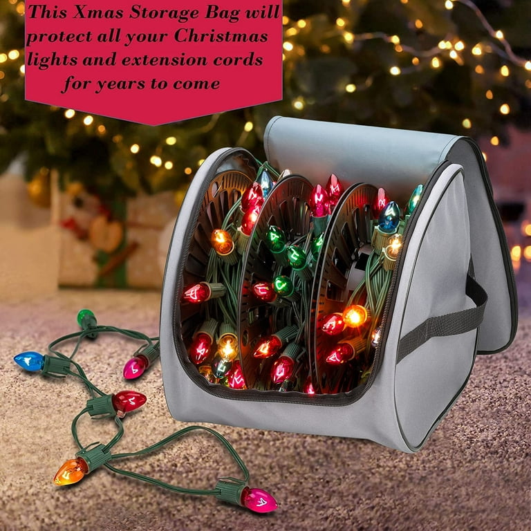 Premium Christmas Light Storage Bag – Heavy Duty Tear Proof 600D/Inside PVC Material with Reinforced Handles - with 3 Reels Stores Up to 375 ft of