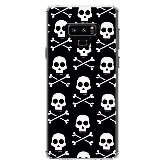DistinctInk Clear Shockproof Hybrid Case for Samsung Galaxy Note 9 - TPU Bumper, Acrylic Back, Tempered Glass Screen Protector - Black White Skulls Pattern