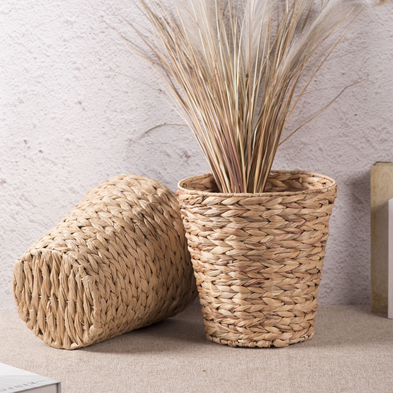 PHIGZNT Wicker Waste Basket, Wicker Trash Basket with Built-In Handles, Handwoven Water Hyacinth Trash Can, Wicker Garbage Can for Bedroom, Bathroom, 1 Pack Beige One Size