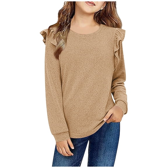 Casual Tops for Kid Long Sleeve Solid Color Shirts Cute Crewnecks Dressy Casual Blouses Round Neck Shirts Girl Ruffle Soft Tops 4-13 Years