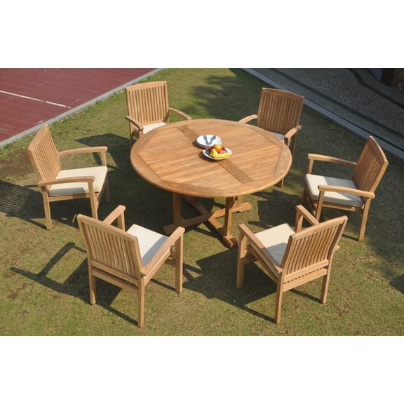 Grade-A Teak Dining Set: 6 Seater 7 Pc: 60" Round Table And 6 Wave Stacking Arm Chairs Outdoor Patio WholesaleTeak #WMDSWVm