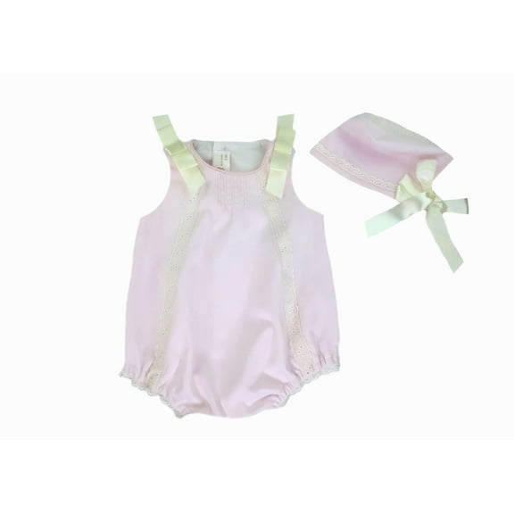 Girls-Pink Pique Bubble Romper-Bonnet Set-Girl Romper