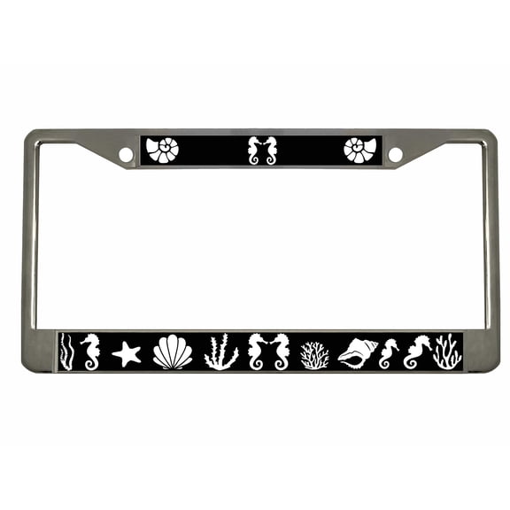 Seahorse Tropical Waves of Fun Beach Style Metal License Plate Frame Personalized/Car Accessories Car Tag Holder Cover (Chrome/Black/White)