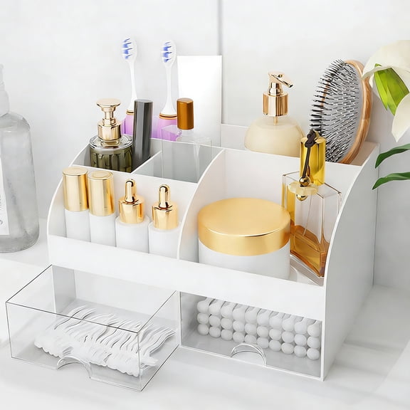 Januofit Makeup Organizer with Drawers, Cosmetic Storage for Dresser Vanity and Bathroom Countertop, Beauty Holder for Lipstick Brush, Skincare Organizer for Vanity, Cosmetic Display Case (White)