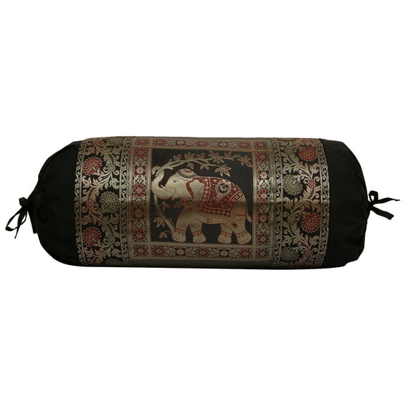 Stylo Culture Traditional Polydupion Cylindrical Yoga Bolster Pillow Cover Black Elephant Jacquard Brocade Border Large Sofa Round Cylinder Cushion Cover (1 Pc) | 30x15 Inches (76x38 cm)