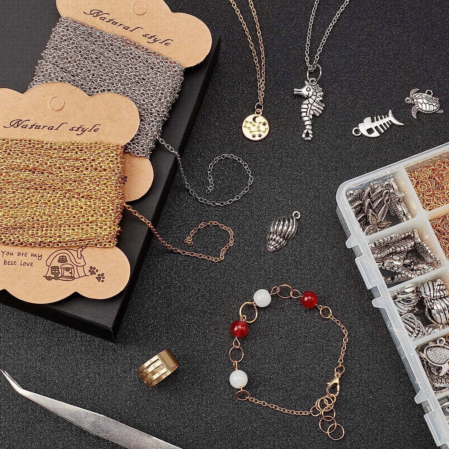 PH Chains Jewelry Making Kit 65 Feet Link Cable Chain with 3000pcs Jump Rings 60pcs Lobster Claw Clasps 60pcs Sea Charms Tweezers Jump Ring Opener Platinum Golden