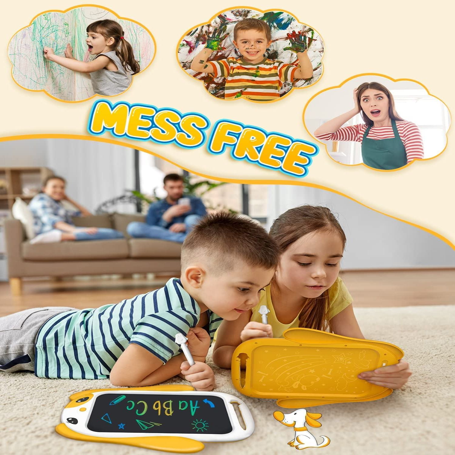CHEERFUN LCD Writing Tablet for Kids New Year Gift, 10 Inch Doodle Board Toy for Boys Girls, Yellow