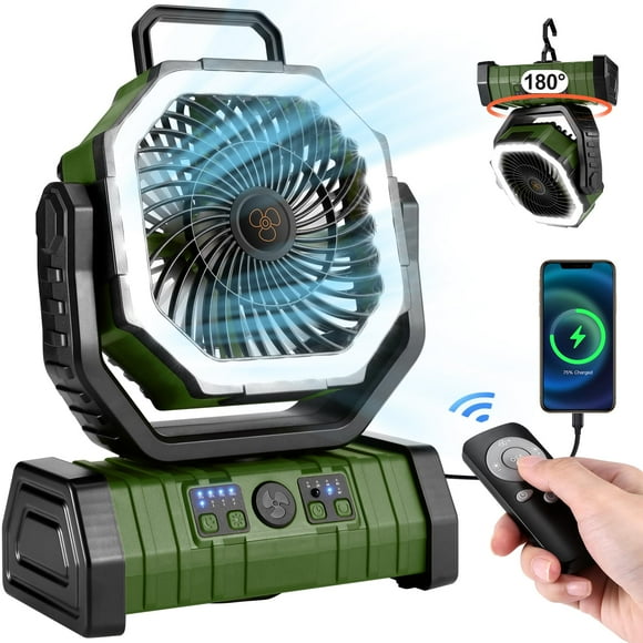 Ventilador de camping Odoland de 3000 mAh con linterna LED de 4 velocidades, color verde