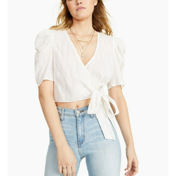 Bar III Women's Cropped Wrap Top White Short Sleeve Cotton V-Neck Size M