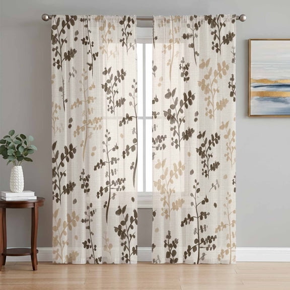 Sheer Curtains 84 Inches Long 2 Panels Set for Living Room, Brown Beige Botanical Semi Sheer Curtains for Windows, Rustic Country Spring Floral Summer Leaf Voile Window Treatments Rod Pocket Curtain