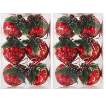 12pcs,3.14" Buffalo Plaid Ball Ornaments, Farmhouse Buffalo Plaid Fabric Ball with Pinecones & Greenery, Black & Red Burlap Foam Ball Hanging Decorations for Xmas Tree New Year Party