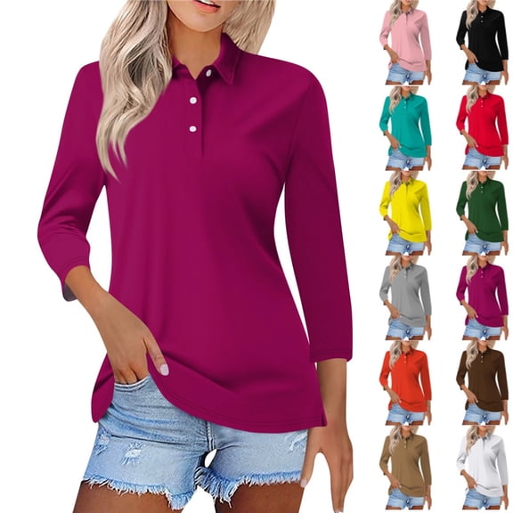 Women's Polo Shirts Cotton 3/4 Sleeve Tops Summer Collared V-Neck Button Down Golf Shirt Work Casual Blouse,Dark Purple XL