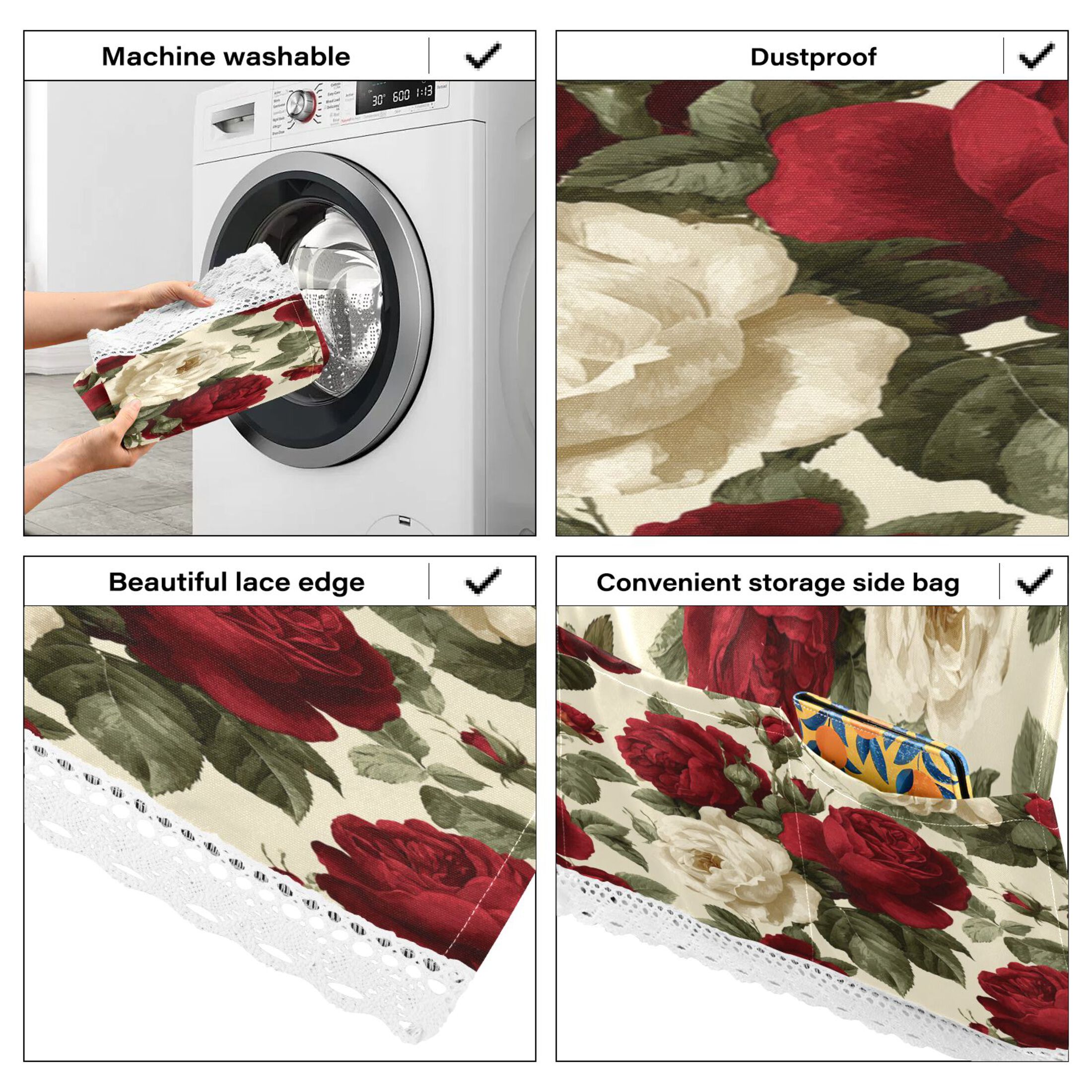 Dustproof Washing Machine Cloth Washer and Dryer Top Covers, Fridge Dust Cover, With Storage Bags Red and White Roses