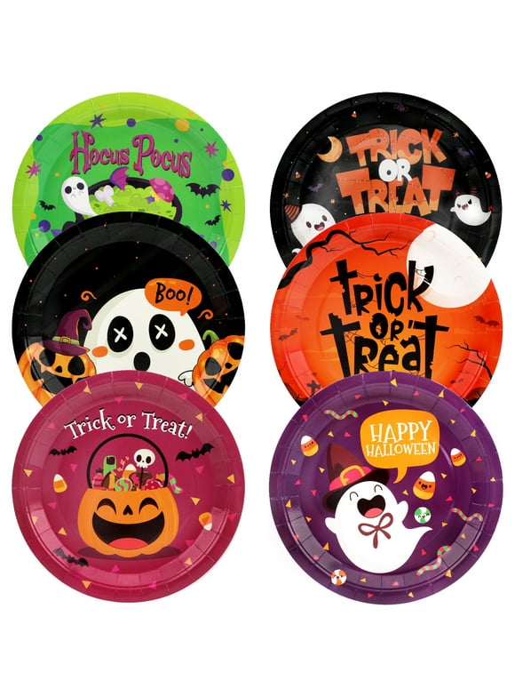 Halloween Paper Plates, 48 Pcs Halloween Birthday Party Plates, Colorful 6 Different Design 9 Inch Tableware Party Supplies