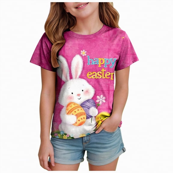 UngA Easter Shirts for Girls Bunny Kids Graphic Tees Summer Short Sleeve Tops Funny Rabbit Toddler Girls Tshirts (Hot Pink,8-9 Years)