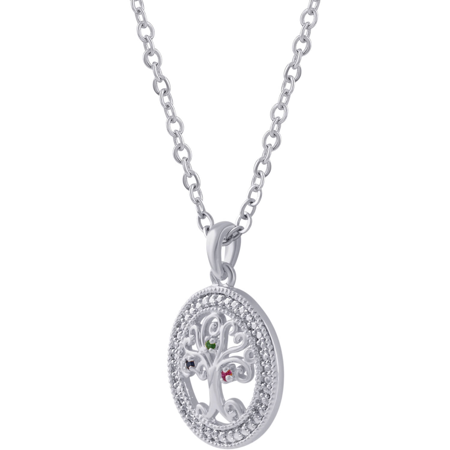 Silver Tone Birthstone Tree of Life Circle Pendant, 18" Chain
