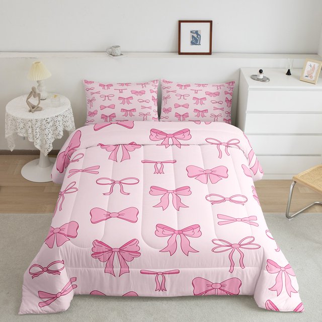Erosebridal Ensemble de Literie Nœud Rose Girly, Couette Princesse Mignonne, Décor Ruban, Réversible 3 Pcs