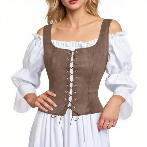 Women's Pirate Corset Vest Renaissance Medieval Corsets Tank Top Gothic Waistcoat Halloween Bodice Role Play Khaki, XXL