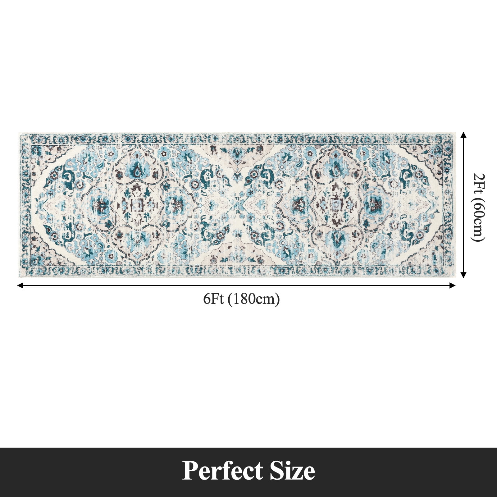 MeyJey 2'x6' Boho Runner Rug for Hallway, Non Slip Machine Washable Rug Distressed Vintage Floor Carpet for Bedroom Kitchen Laundry Room, Blue/Beige