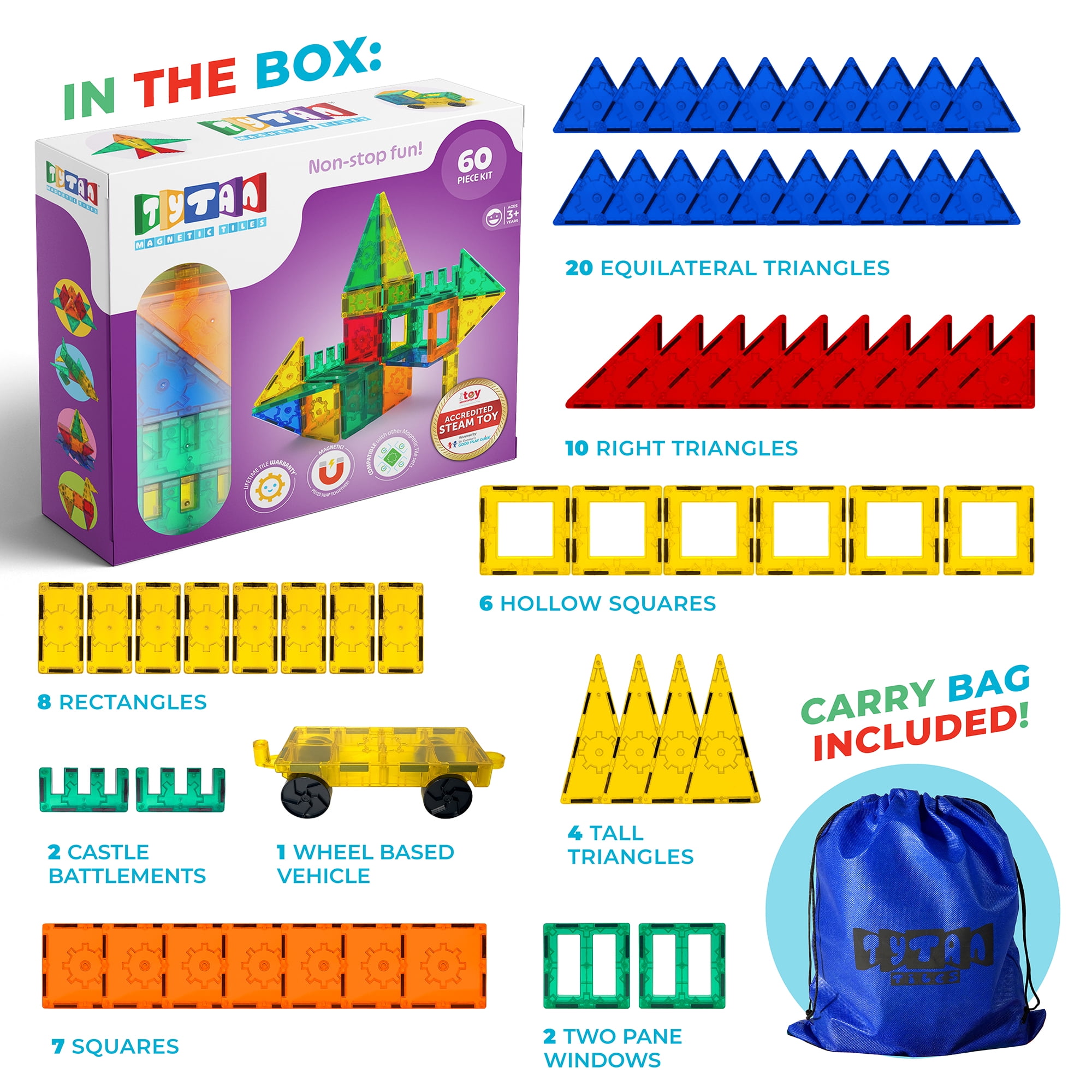 Tytan Magnetic Tile Building Set - 60-Piece STEAM Magnetic Toys for Kids Ages 3+