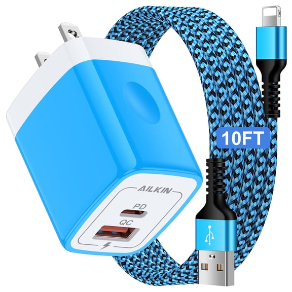 Compatible with iPhone Charger 10ft Cord,Fast Charging Cable AILKIN Dual Port QC PD 20W Usb Charger Block Fast Charger Compatible with iPhone 14/13/12/11/10 Charger,Blue