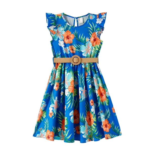 Vestido para Niñas PATPAT Boho Floral con Volantes y Cinturón Azul Marino 9-10 Años