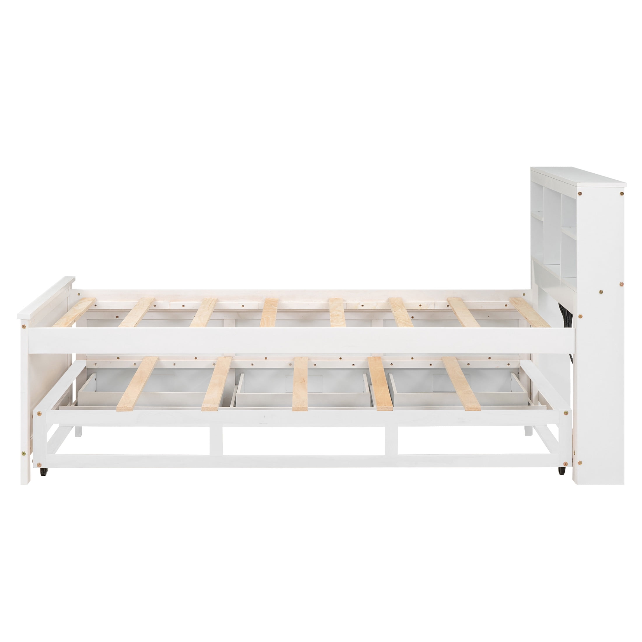 Noble House Nerissa Twin Platform Bed with Bookcase Headboard, USB Ports, Extra Trundle and Storage Drawers, White