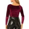 thumbnail image 3 of MODA NOVA Junior's Velvet Long Sleeve Off Shoulder Solid Crop Top Burgundy L, 3 of 5