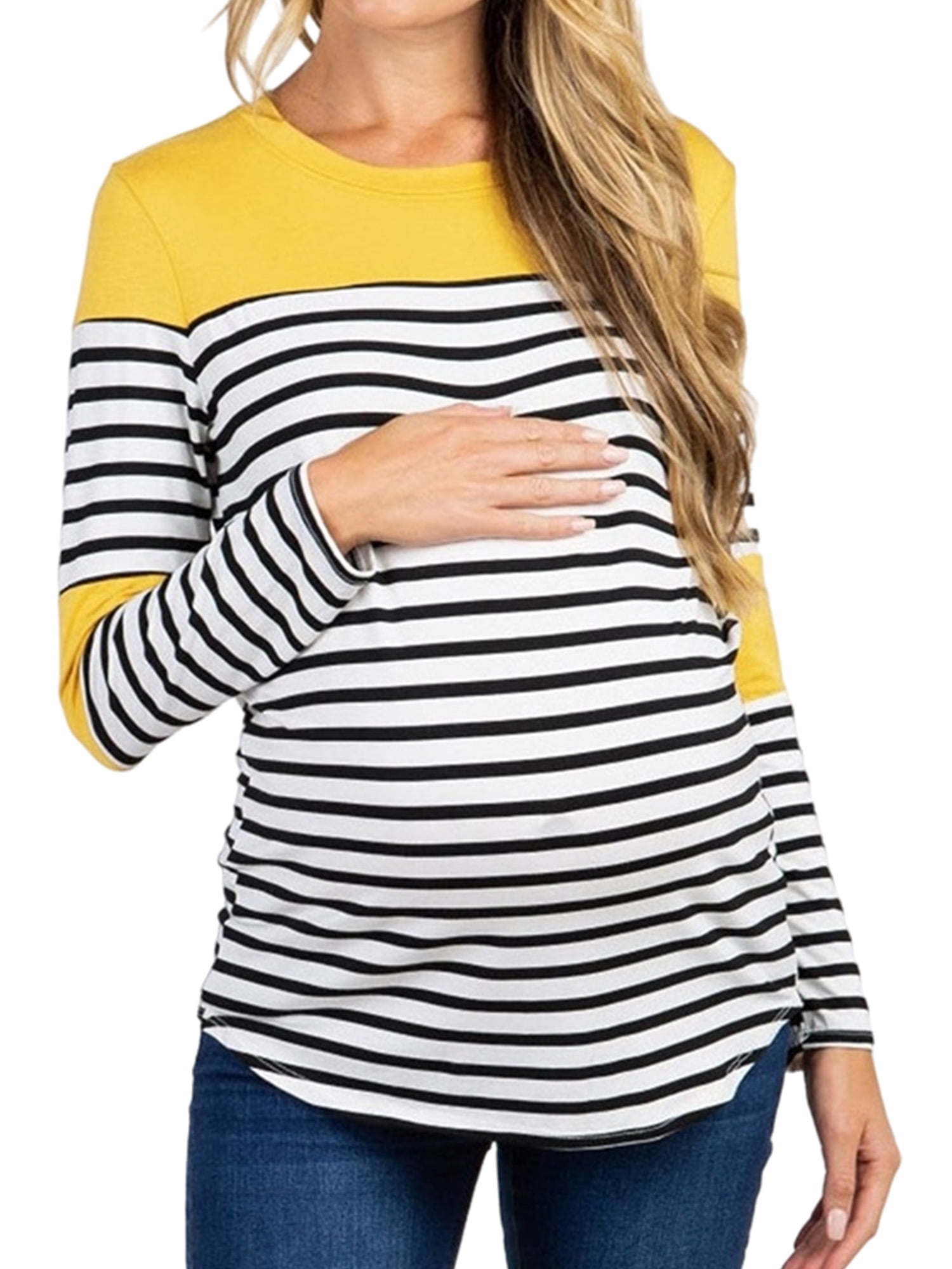 Bhome Long Sleeve Maternity T-Shirt Colorblock Baseball Tee Casual Pregnancy Tunic Top 