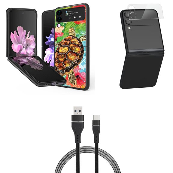 Bemz Premium Bundle for Samsung Galaxy Z Flip 3 5G: Slim Snap-On Protector Case (Turtle Flowers), Rear Camera Glass Protector, Nylon Braided USB-C to USB-A Cable (3 Feet)