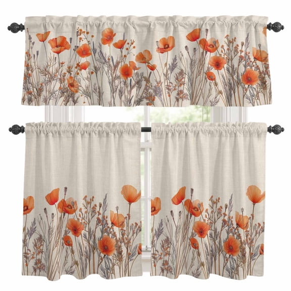 3 Pieces Kitchen Curtain Valance and Tiers Set, Orange Spring Floral Kitchen Curtains Set Window Curtain Valances, Watercolor Farmhouse Botanical Rod Pocket Bedroom Cafe Curtain 36 Inch Length