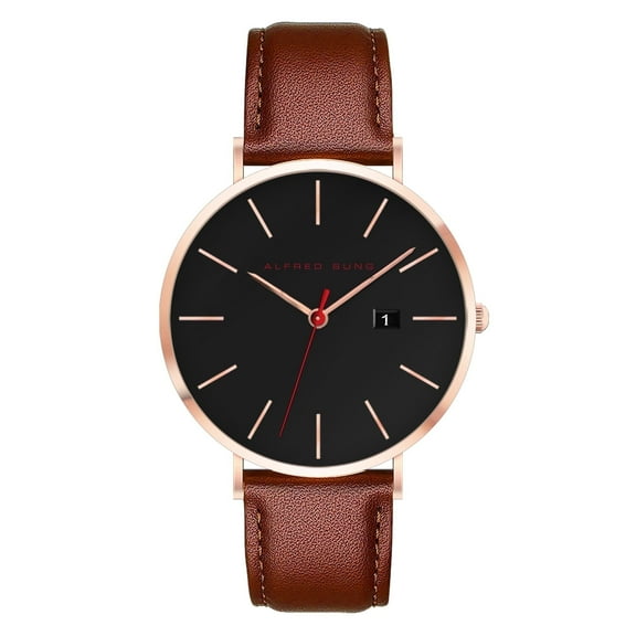 Alfred Sung Men's Metropolitan Rose Gold, Black Dial Date Leather Strap Watch