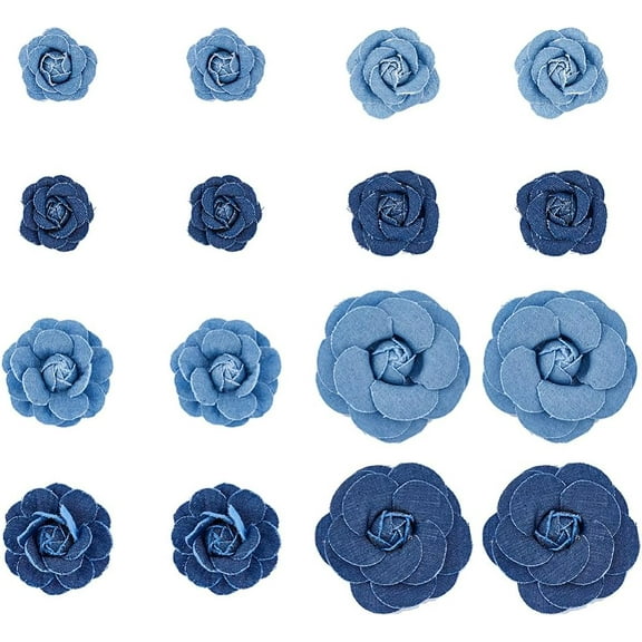 16Pcs Fabric Flower Blue Denim Cloth Flowers 8 Style Camelia Sewing Flowers for Clothes Hairclips Decoration DIY Costume Accessories DIY